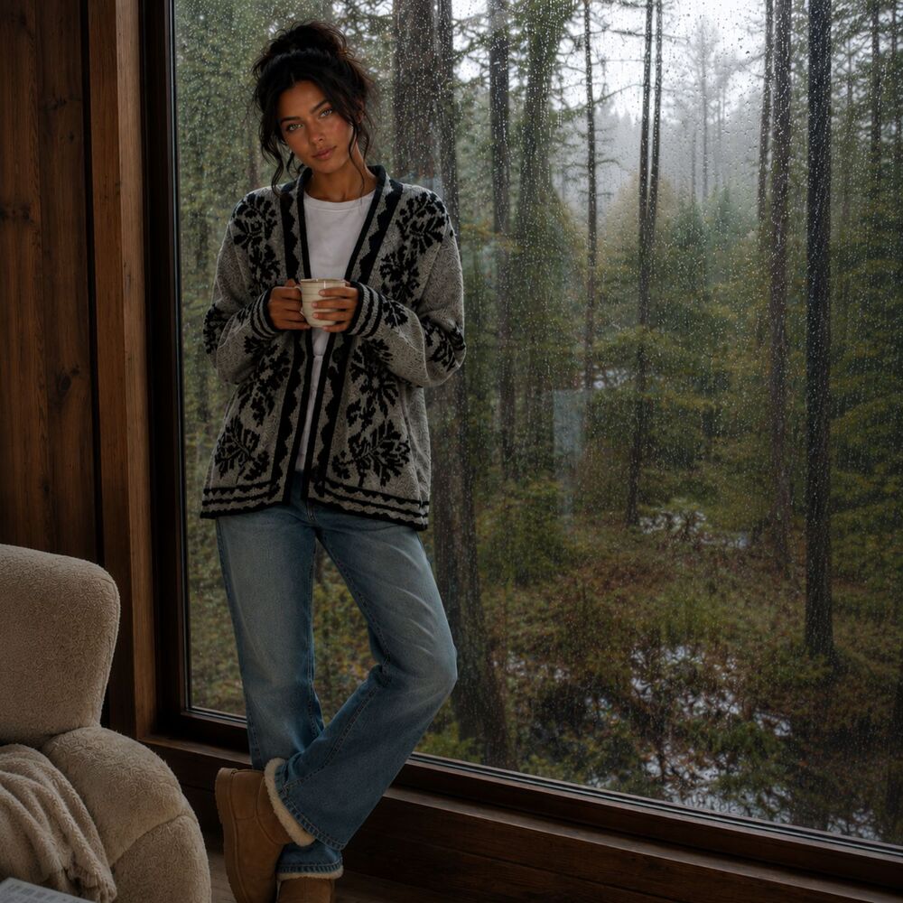 Grey Black Wool Blend Floral Knit Essitam Zora Mexico sweater Cardigan W/M NWOT